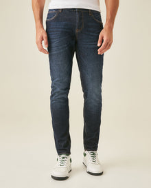 Mens Jeans Super Slim Fit Low Rise Dark Wash Skinflex Technology Recycled Fibers 3 Button Fly - Blue 63_331H029_AZU194052_0