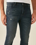 Mens Jeans Skinny Fit Low Rise Ultra Dark Wash Recycled Cotton Polyester Elastane Classic Distressing - Blue 63_331H031_AZU193924_5