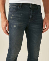 Mens Jeans Skinny Fit Low Rise Ultra Dark Wash Recycled Cotton Polyester Elastane Classic Distressing - Blue 63_331H031_AZU193924_5