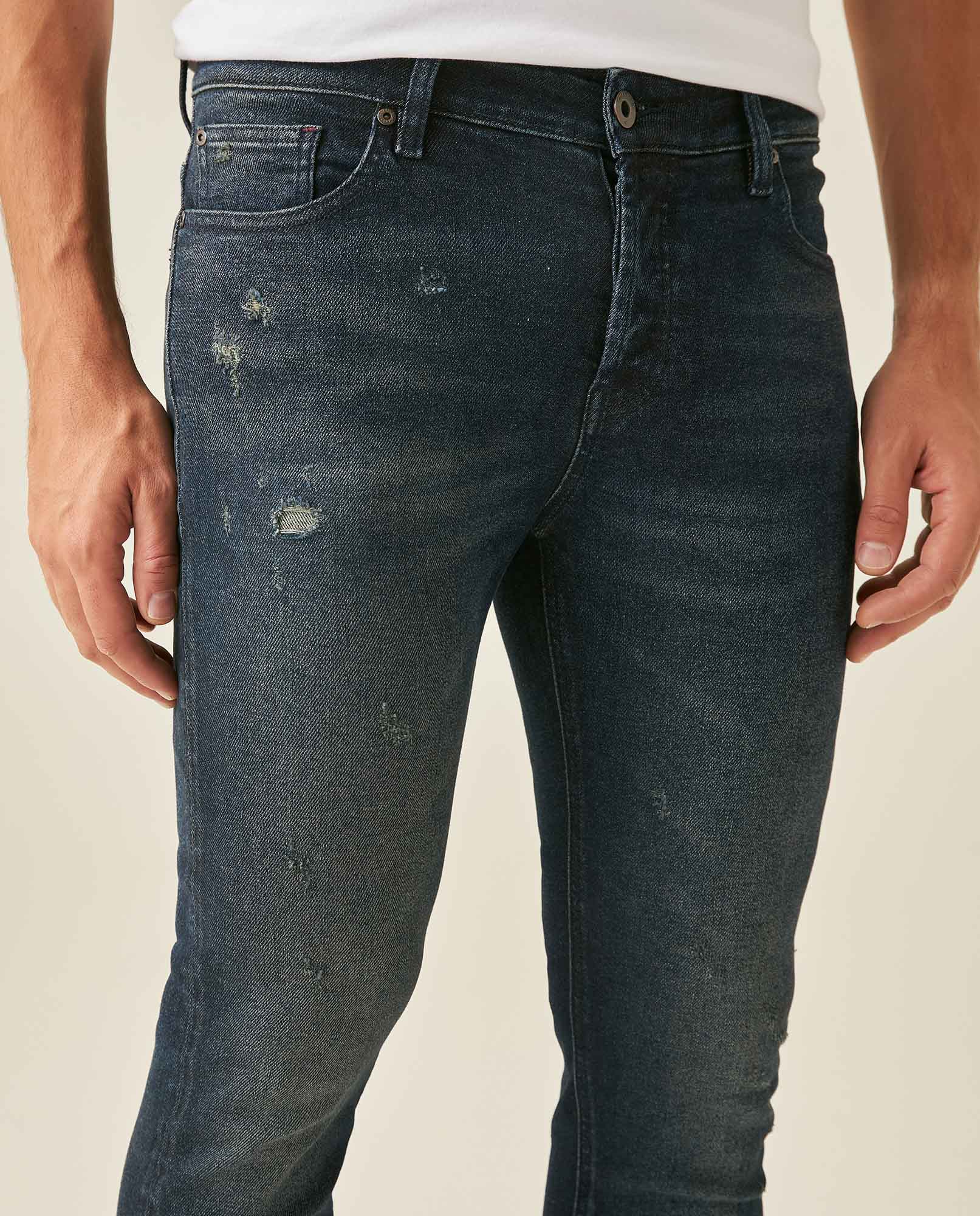 Mens Jeans Skinny Fit Low Rise Ultra Dark Wash Recycled Cotton Polyester Elastane Classic Distressing - Blue 63_331H031_AZU193924_5