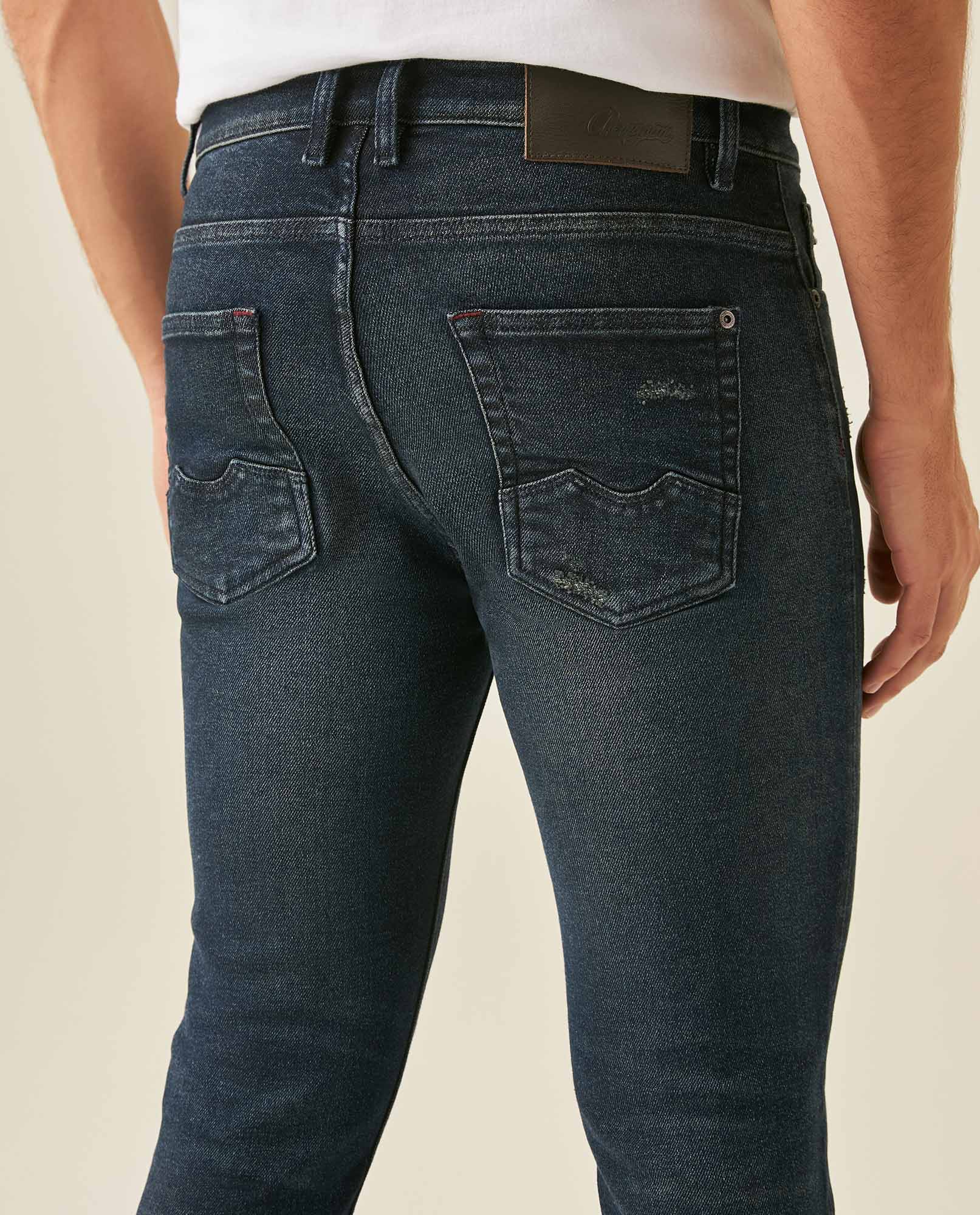 Mens Jeans Skinny Fit Low Rise Ultra Dark Wash Recycled Cotton Polyester Elastane Classic Distressing - Blue 63_331H031_AZU193924_7