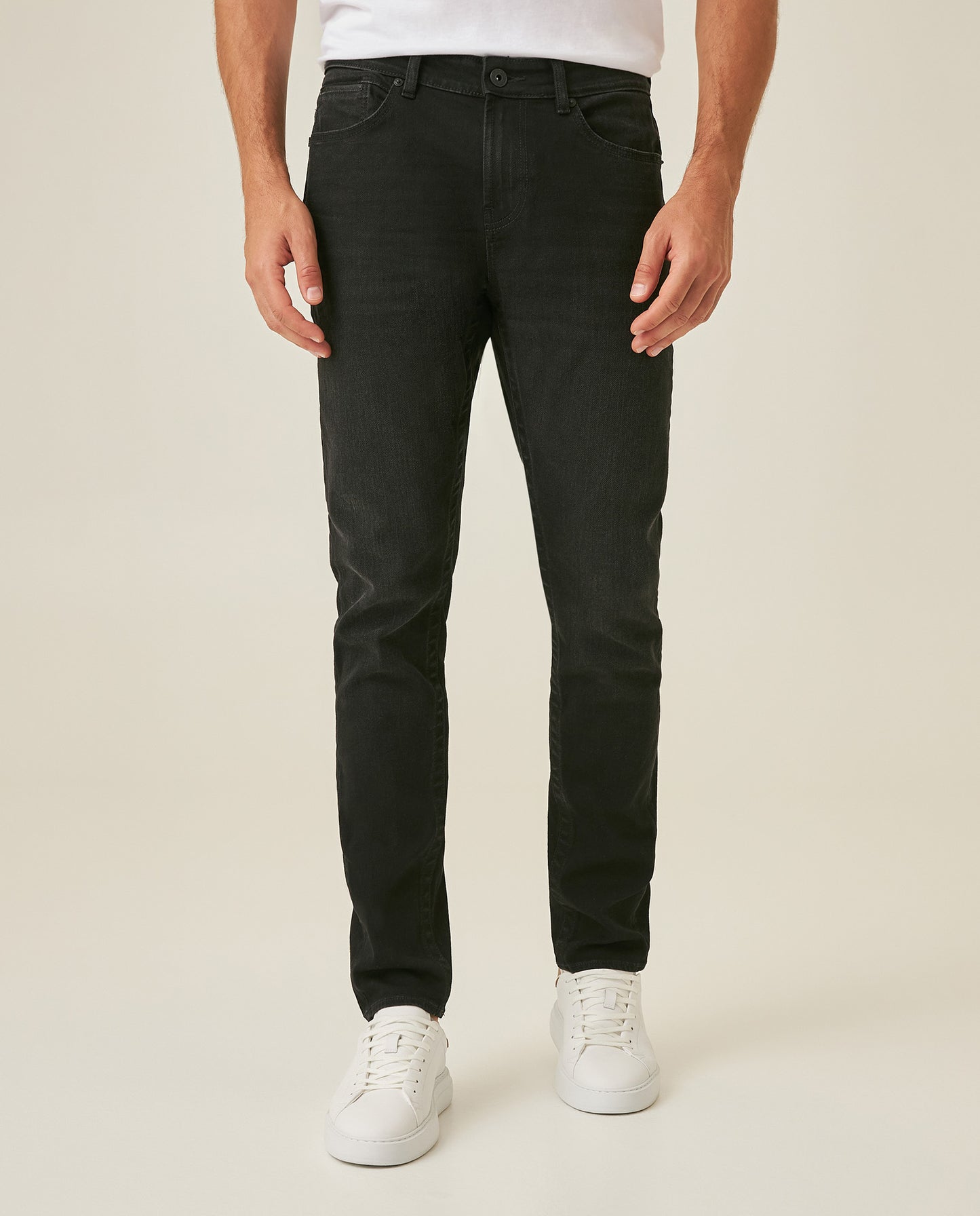 Mens Jeans Skinny Fit Mid Rise Black Wash Cotton Polyester Elastane Leather Piping Watch Pocket Clean - Black 63_331H032_NEG194004_0