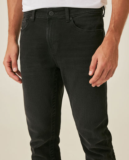 Mens Jeans Skinny Fit Mid Rise Black Wash Cotton Polyester Elastane Leather Piping Watch Pocket Clean - Black 63_331H032_NEG194004_5