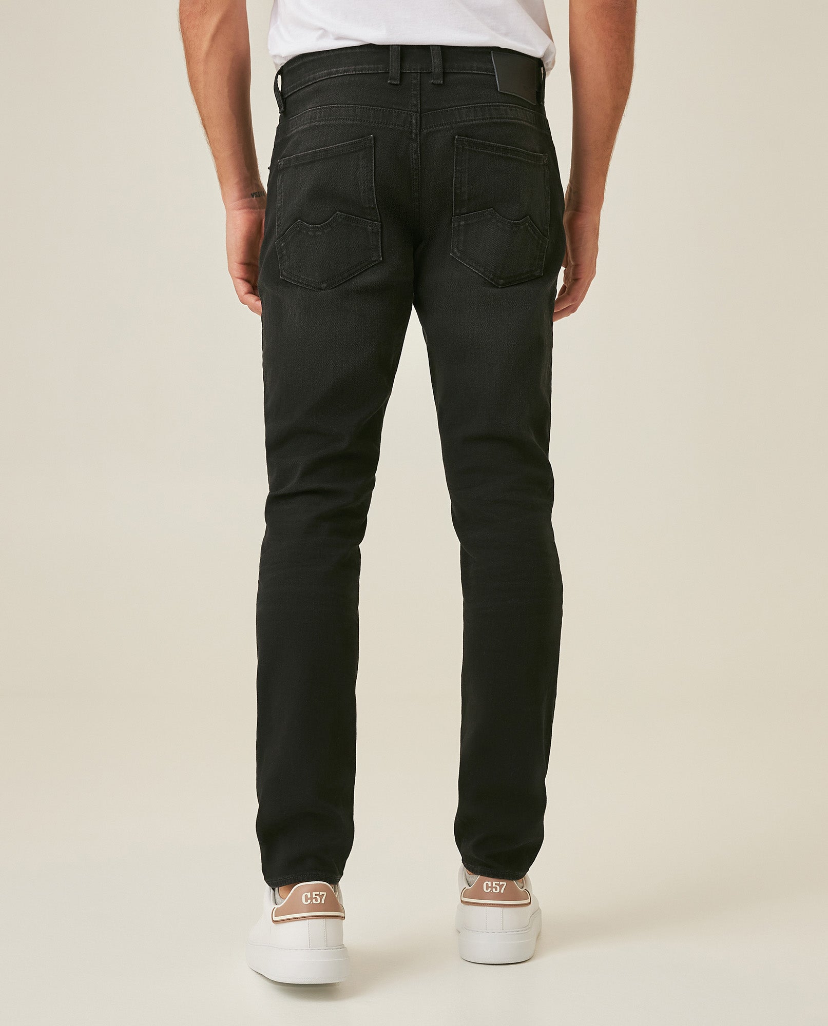 Mens Jeans Skinny Fit Mid Rise Black Wash Cotton Polyester Elastane Leather Piping Watch Pocket Clean - Black 63_331H032_NEG194004_6