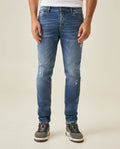 Mens Jeans Skinny Fit Low Rise Medium Wash Cotton Elastane  Watch Pocket Loops Balanced Rips - Blue 63_331H140_AZU184140_0
