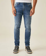 Mens Jeans Skinny Fit Low Rise Medium Wash Cotton Elastane  Watch Pocket Loops Balanced Rips - Blue 63_331H140_AZU184140_0