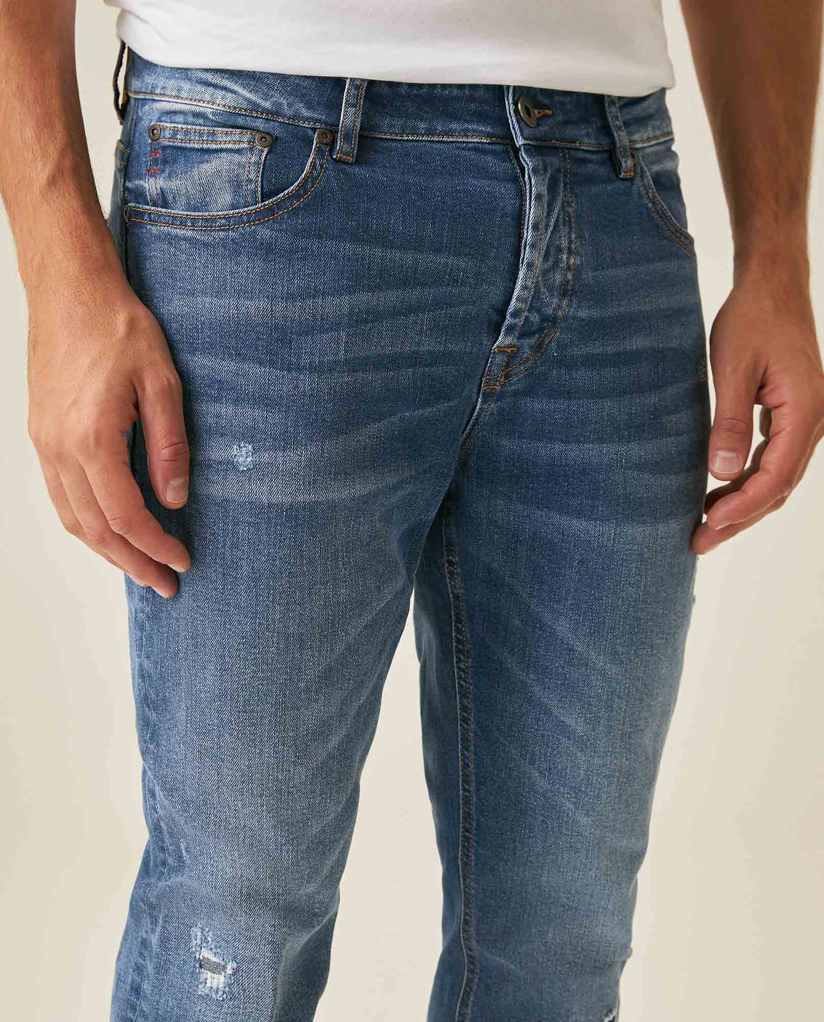 Mens Jeans Skinny Fit Low Rise Medium Wash Cotton Elastane  Watch Pocket Loops Balanced Rips - Blue 63_331H140_AZU184140_5