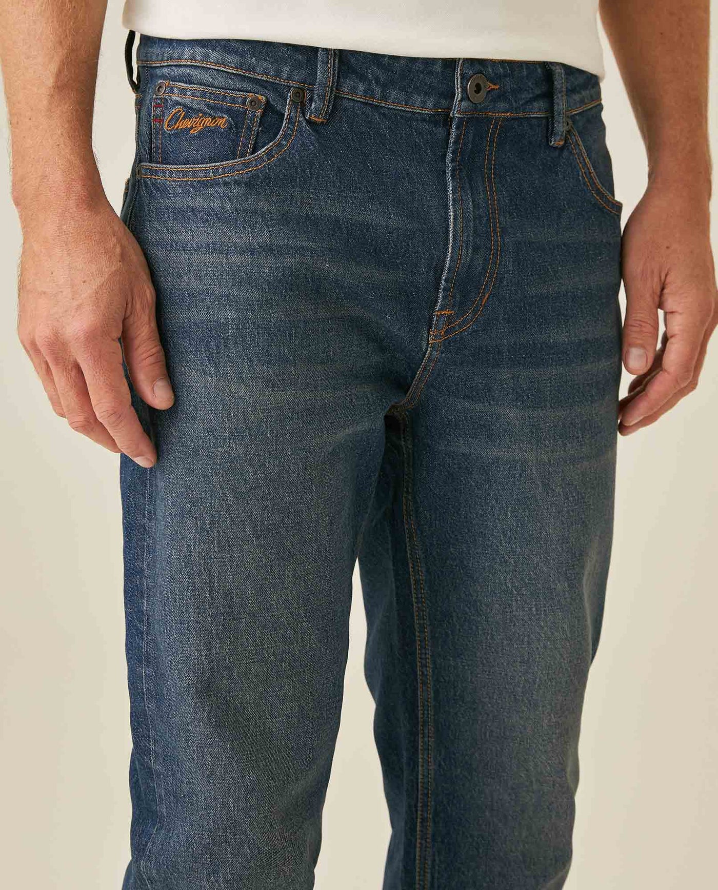 Mens Jeans Slim Fit Mid Rise Dark Wash Recycled Cotton Viscose Polyester Elastane  Embroidered - Blue 63_331H141_AZU194052_5