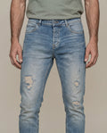 Mens Heritage Jeans Skinny Fit Low Rise Medium Wash Cotton Polyester Elastane Vintage Distressed Repairs - Blue 63_331H453_AZU154020_5