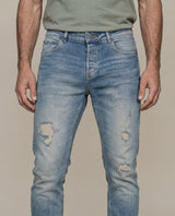 Mens Heritage Jeans Skinny Fit Low Rise Medium Wash Cotton Polyester Elastane Vintage Distressed Repairs - Blue 63_331H453_AZU154020_5