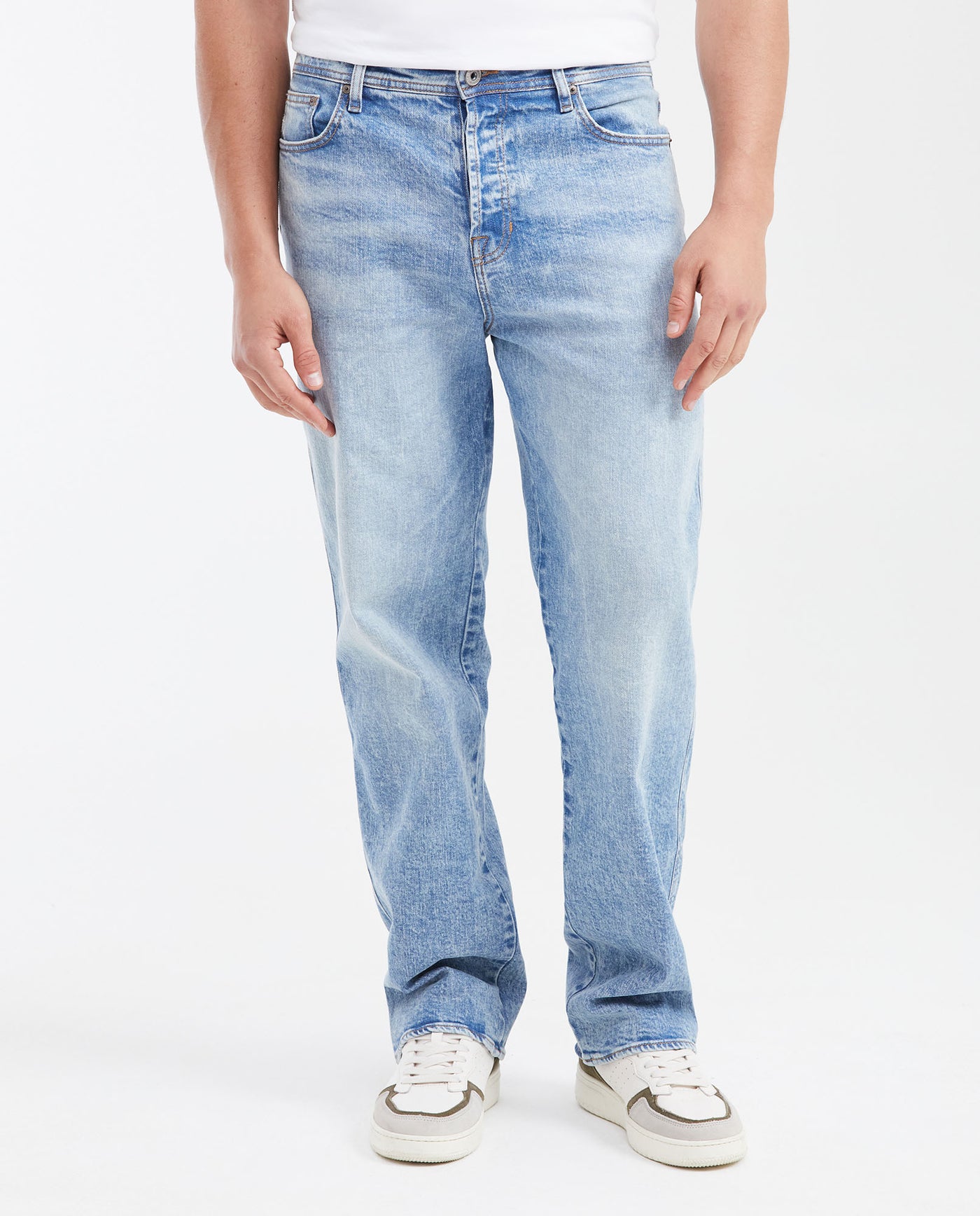 Men's Maverick Relaxed Fit Boot Cut Jeans in Light Vintage Irregular Wash Comfort - 1