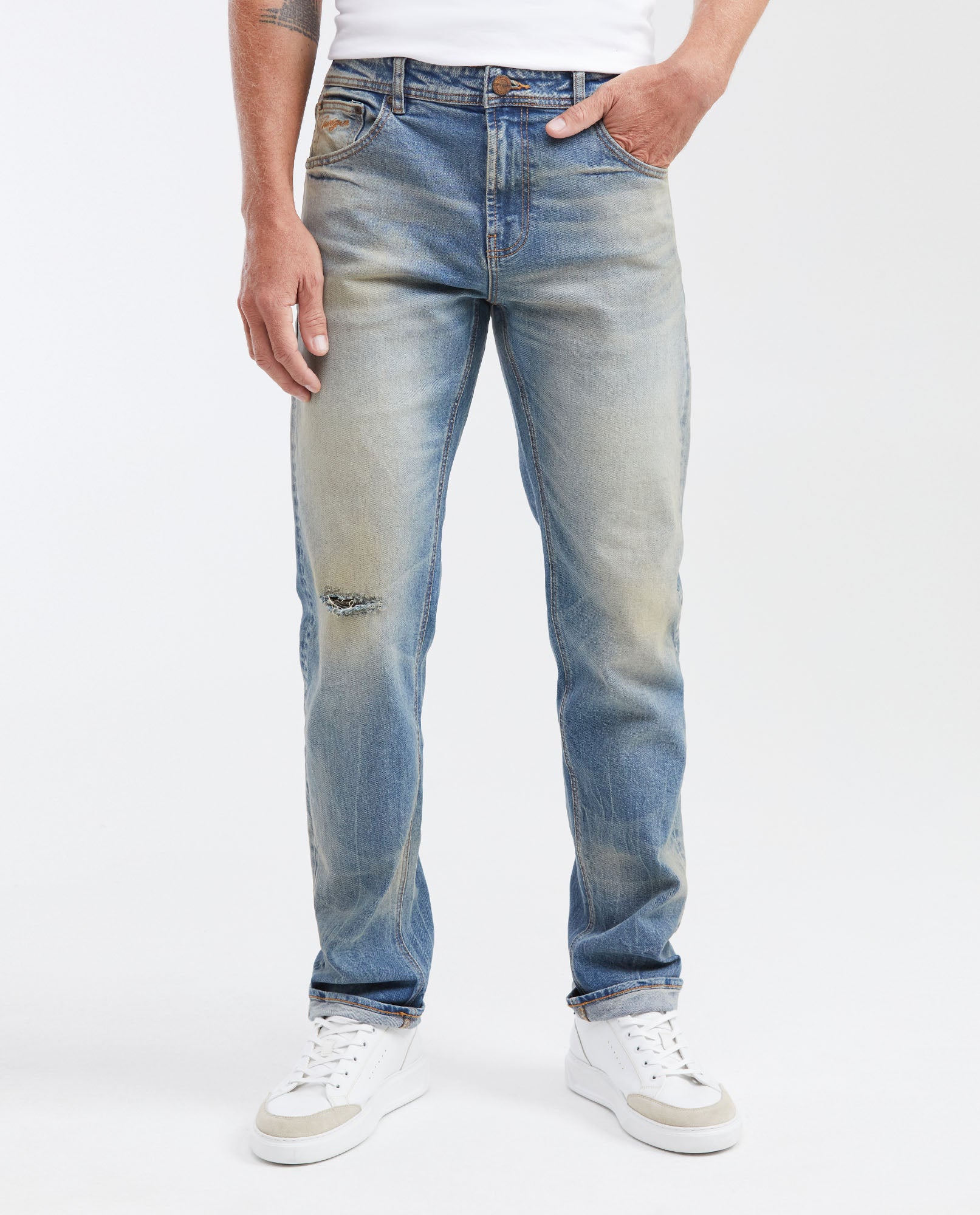 Men's Heritage Morrison Straight Fit Boot Cut Jeans in Medium Selvedge with Dirty Vanilla Effect - 1