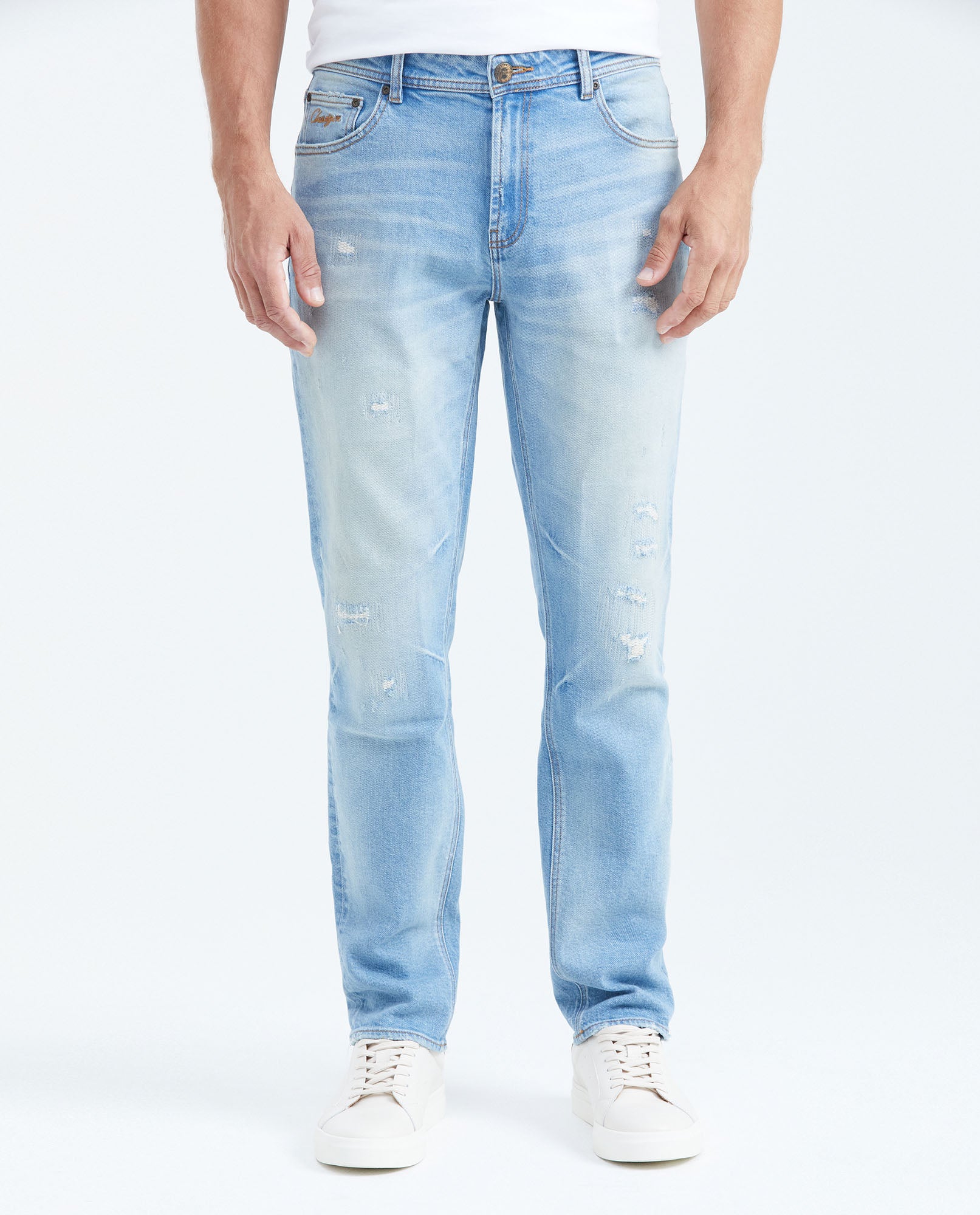 Men's Jeans Straight Fit Mid - Rise Slim Boot Light Blue Vintage Wash - Blue - 1