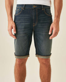 Mens Bermuda Shorts Mid Rise Dark Wash Organic Cotton Elastane Subtle Distressing Leather Waistband Badge - Blue 63_351H002_AZU194052_0