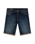 Mens Bermuda Shorts Mid Rise Dark Wash Organic Cotton Elastane Subtle Distressing Leather Waistband Badge - Blue 63_351H002_AZU194052_3