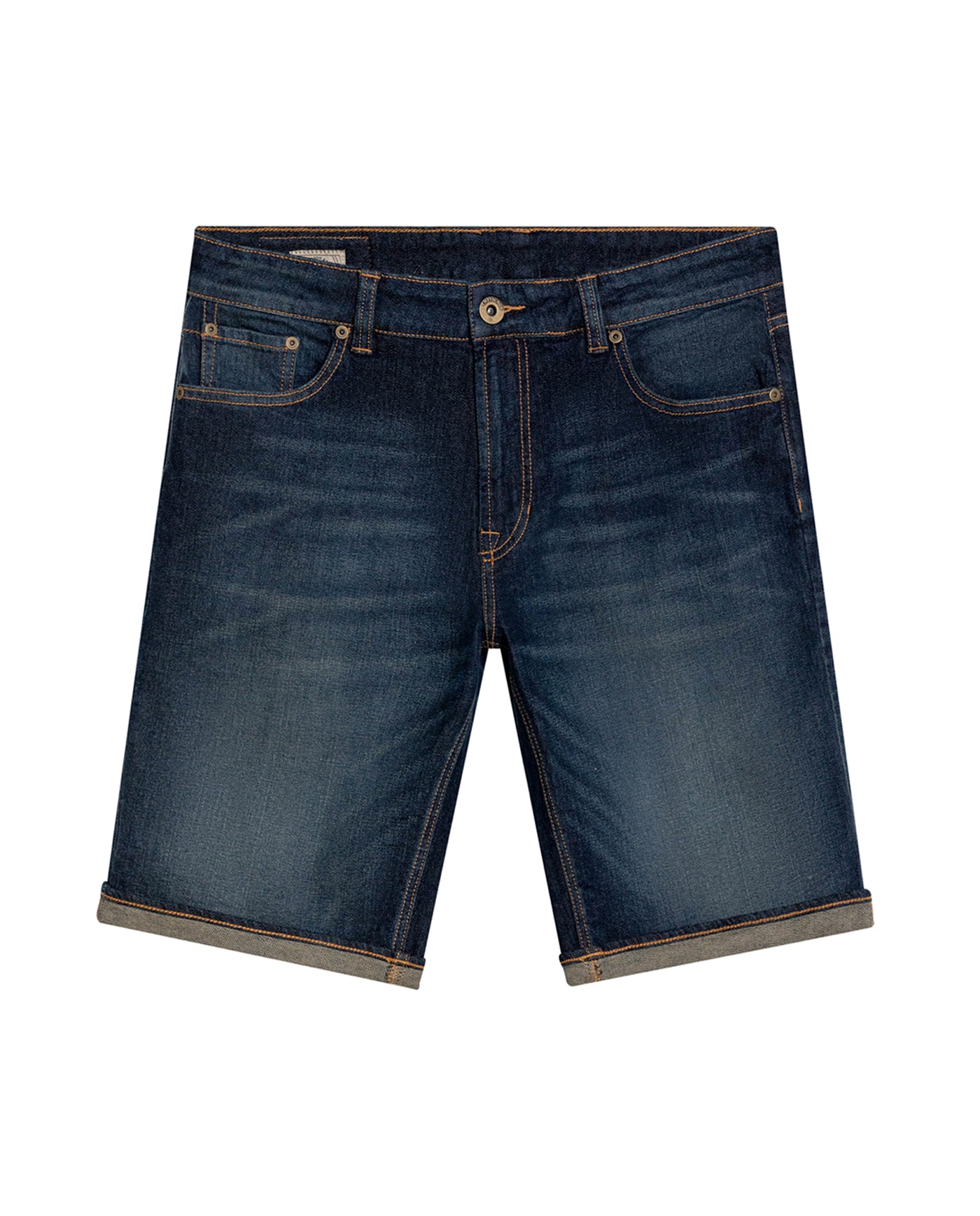 Mens Bermuda Shorts Mid Rise Dark Wash Organic Cotton Elastane Subtle Distressing Leather Waistband Badge - Blue 63_351H002_AZU194052_3