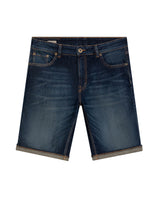 Mens Bermuda Shorts Mid Rise Dark Wash Organic Cotton Elastane Subtle Distressing Leather Waistband Badge - Blue 63_351H002_AZU194052_3