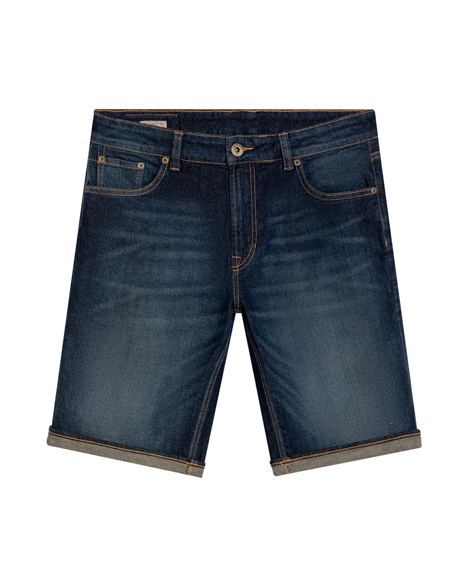 Mens Bermuda Shorts Mid Rise Dark Wash Organic Cotton Elastane Subtle Distressing Leather Waistband Badge - Blue 63_351H002_AZU194052_3