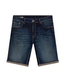 Mens Bermuda Shorts Mid Rise Dark Wash Organic Cotton Elastane Subtle Distressing Leather Waistband Badge - Blue 63_351H002_AZU194052_3