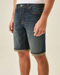 Mens Bermuda Shorts Mid Rise Dark Wash Organic Cotton Elastane Subtle Distressing Leather Waistband Badge - Blue 63_351H002_AZU194052_5