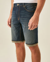 Mens Bermuda Shorts Mid Rise Dark Wash Organic Cotton Elastane Subtle Distressing Leather Waistband Badge - Blue 63_351H002_AZU194052_5