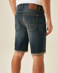 Mens Bermuda Shorts Mid Rise Dark Wash Organic Cotton Elastane Subtle Distressing Leather Waistband Badge - Blue 63_351H002_AZU194052_6