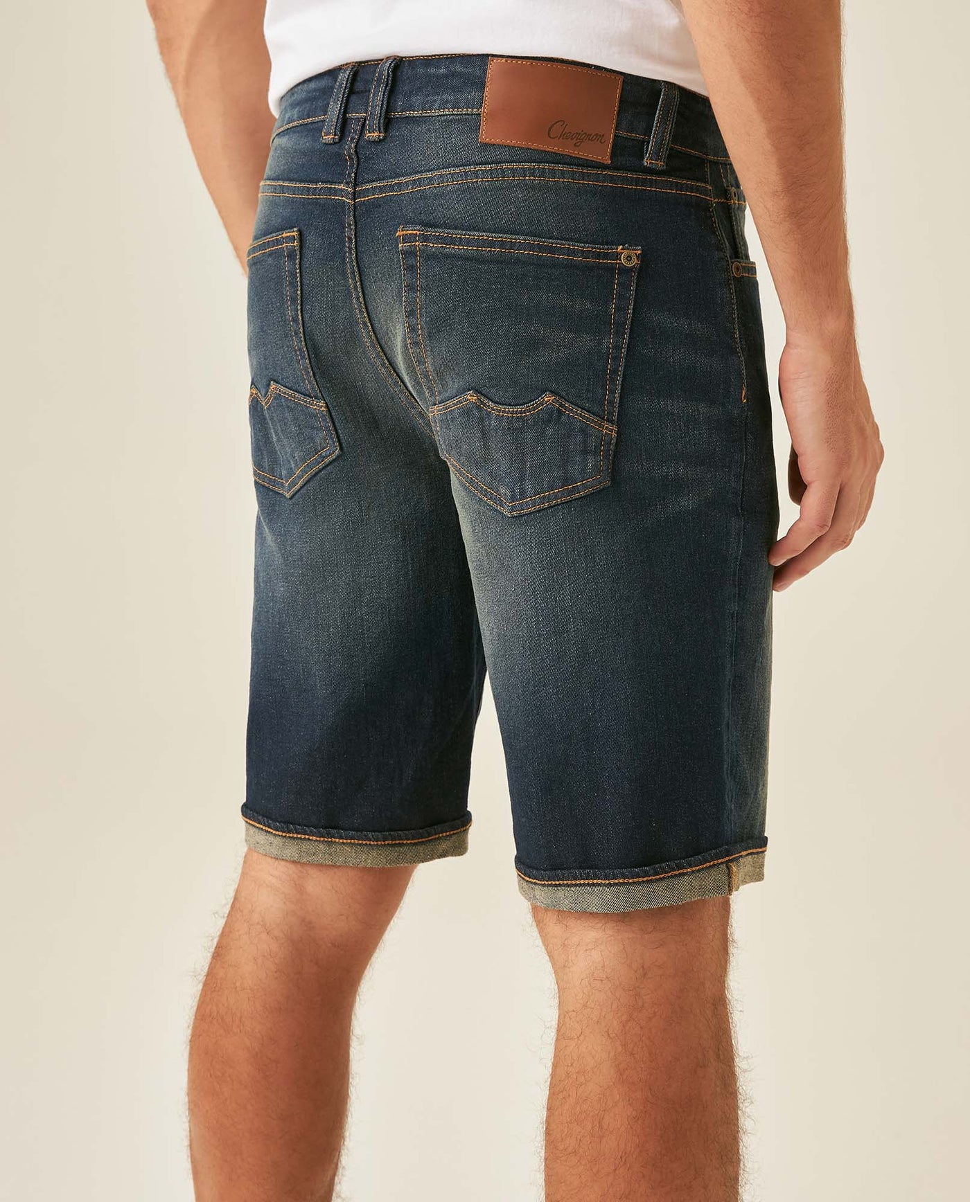 Mens Bermuda Shorts Mid Rise Dark Wash Organic Cotton Elastane Subtle Distressing Leather Waistband Badge - Blue 63_351H002_AZU194052_6