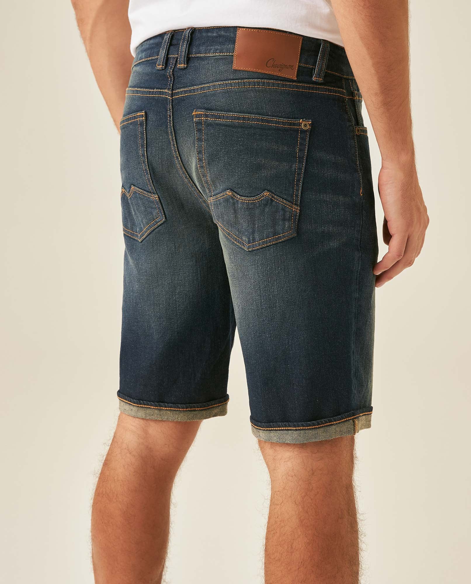 Mens Bermuda Shorts Mid Rise Dark Wash Organic Cotton Elastane Subtle Distressing Leather Waistband Badge - Blue 63_351H002_AZU194052_6