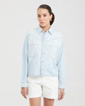 Women's Long Sleeve Relaxed Shirt Flap Pockets Dyed Buttons Light Wash Cotton - 1