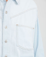 Women's Long Sleeve Relaxed Shirt Flap Pockets Dyed Buttons Light Wash Cotton - 3