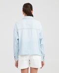Women's Long Sleeve Relaxed Shirt Flap Pockets Dyed Buttons Light Wash Cotton - 4