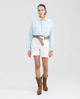 Women's Long Sleeve Relaxed Shirt Flap Pockets Dyed Buttons Light Wash Cotton - 6