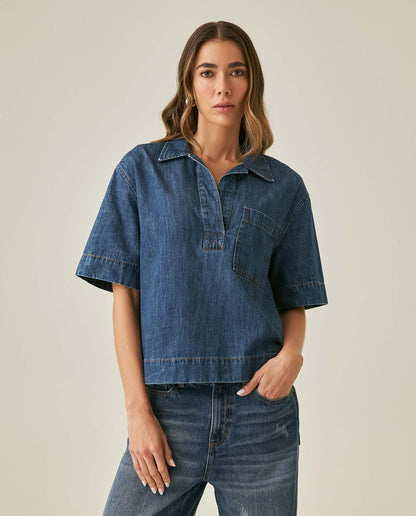 Womens Shirt Boxy Relaxed Fit Short Sleeve Cotton Medium Wash - Blue 63_411H000_AZU184140_0