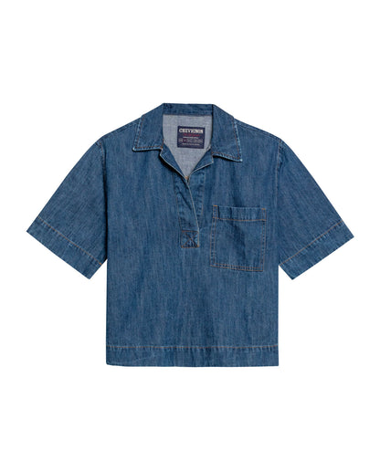 Womens Shirt Boxy Relaxed Fit Short Sleeve Cotton Medium Wash - Blue 63_411H000_AZU184140_3