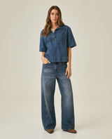 Womens Shirt Boxy Relaxed Fit Short Sleeve Cotton Medium Wash - Blue 63_411H000_AZU184140_4