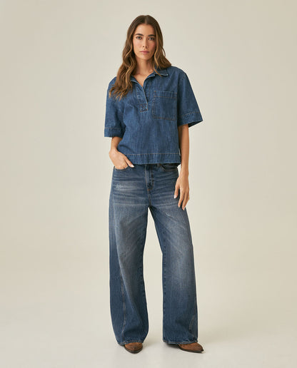 Womens Shirt Boxy Relaxed Fit Short Sleeve Cotton Medium Wash - Blue 63_411H000_AZU184140_4