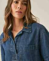Womens Shirt Boxy Relaxed Fit Short Sleeve Cotton Medium Wash - Blue 63_411H000_AZU184140_5