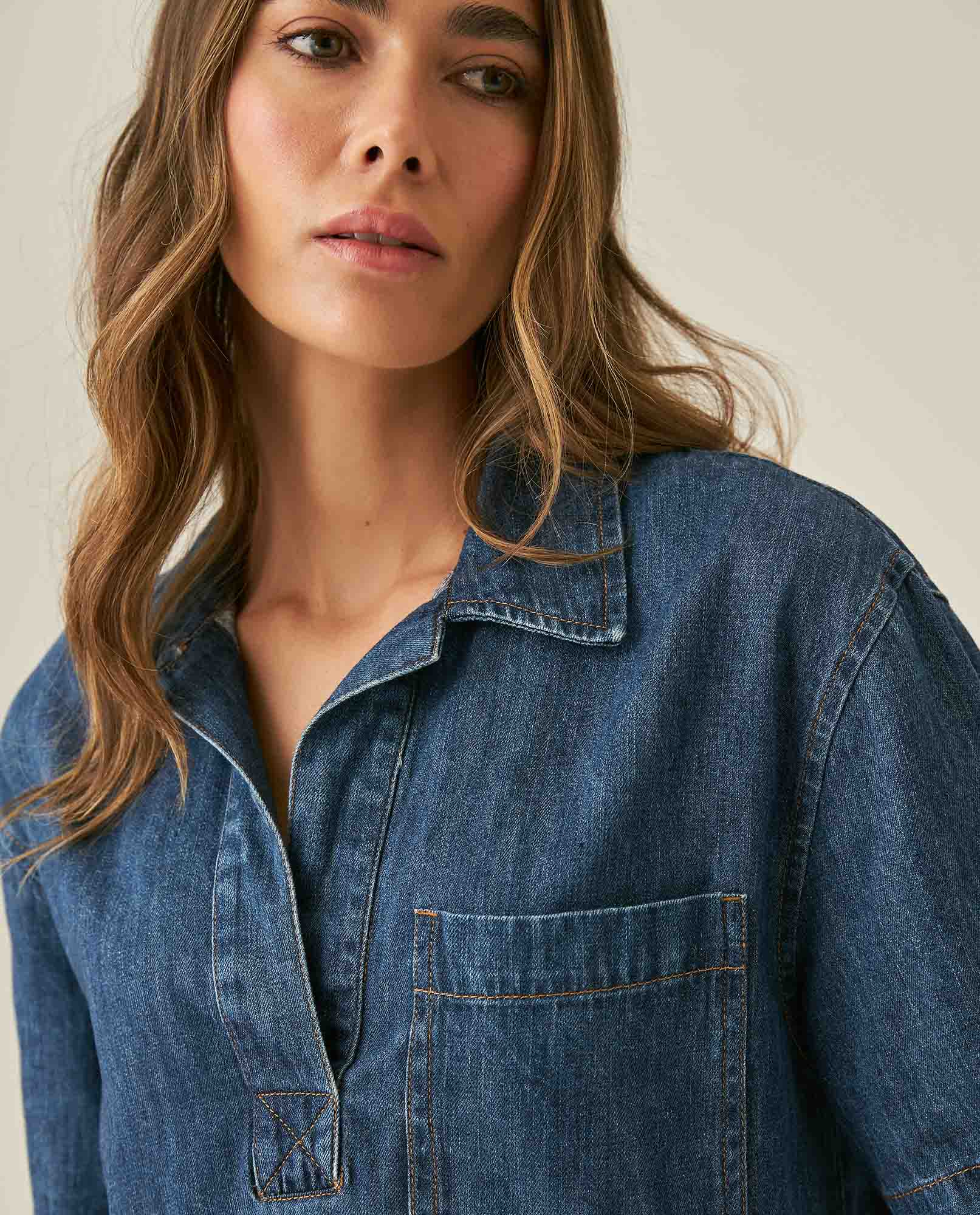 Womens Shirt Boxy Relaxed Fit Short Sleeve Cotton Medium Wash - Blue 63_411H000_AZU184140_5