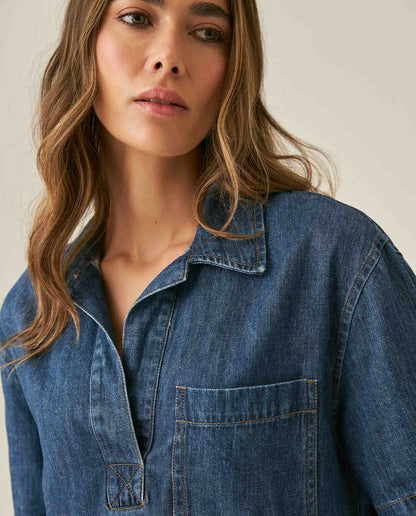 Womens Shirt Boxy Relaxed Fit Short Sleeve Cotton Medium Wash - Blue 63_411H000_AZU184140_5