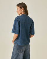 Womens Shirt Boxy Relaxed Fit Short Sleeve Cotton Medium Wash - Blue 63_411H000_AZU184140_6
