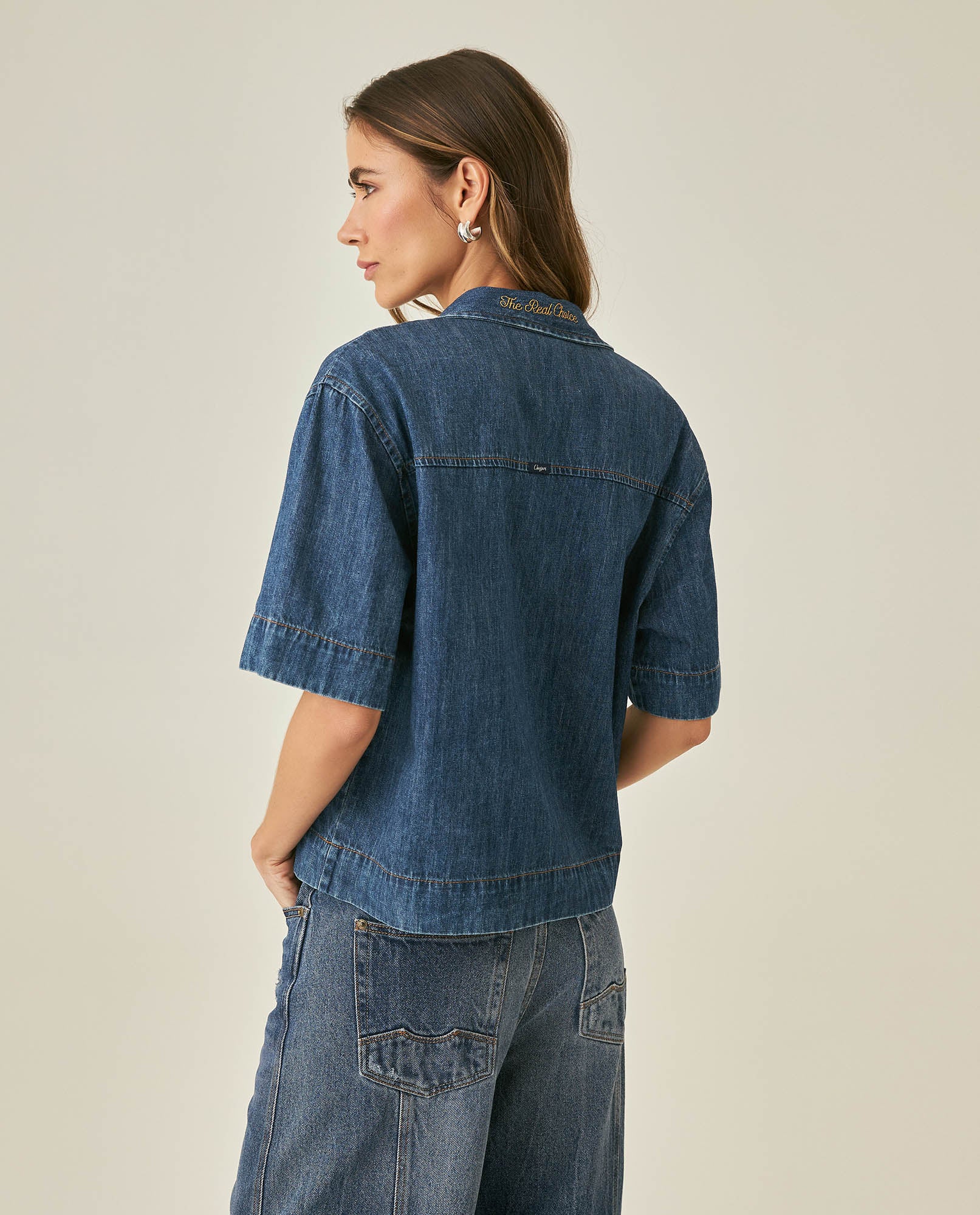 Womens Shirt Boxy Relaxed Fit Short Sleeve Cotton Medium Wash - Blue 63_411H000_AZU184140_6