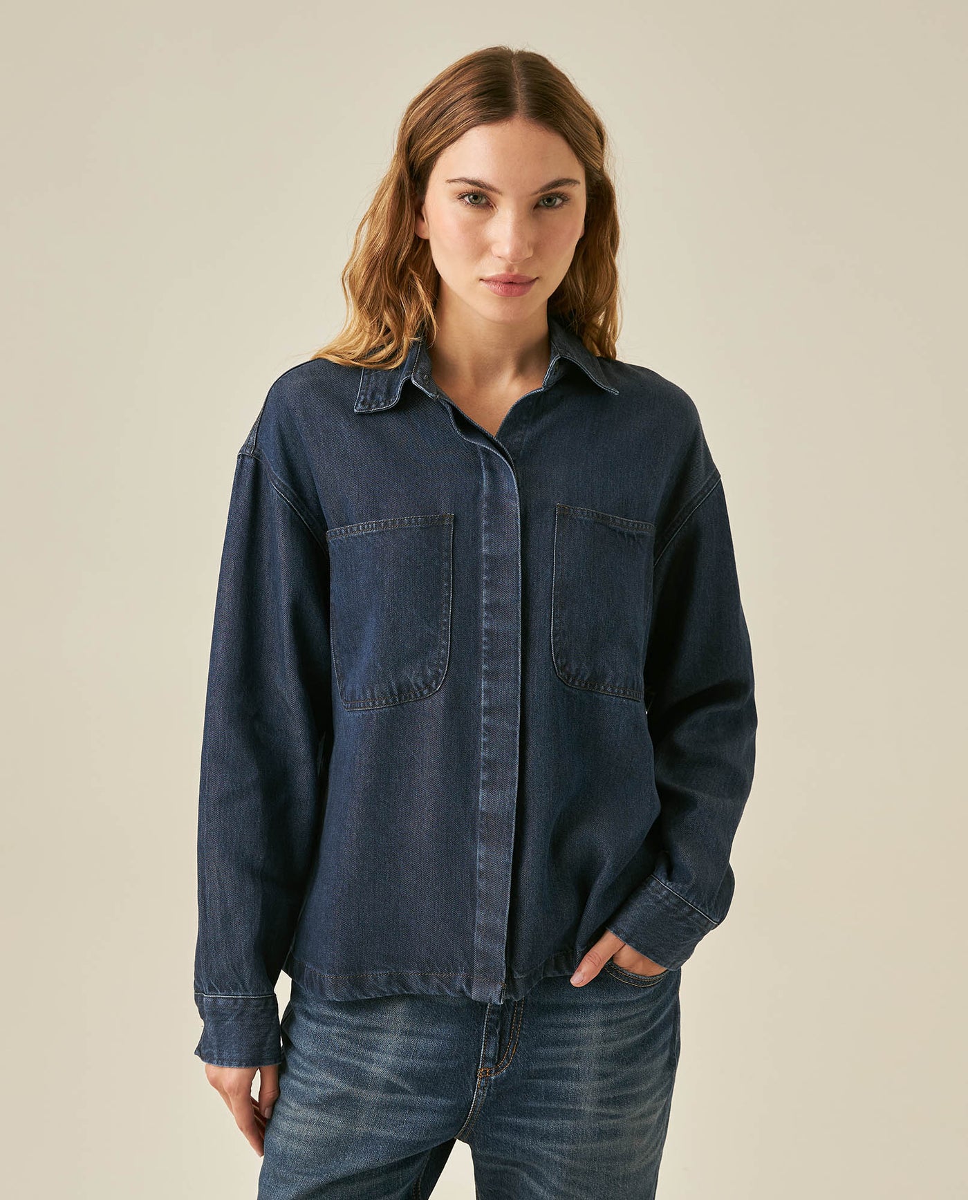 Womens Shirt Oversize Long Sleeve Lyocell Dark Wash Fluid Drape Hidden Placket - Blue 63_411H700_AZU184028_0