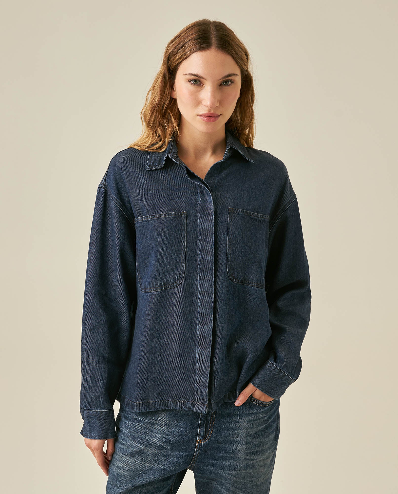 Womens Shirt Oversize Long Sleeve Lyocell Dark Wash Fluid Drape Hidden Placket - Blue 63_411H700_AZU184028_0