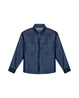 Womens Shirt Oversize Long Sleeve Lyocell Dark Wash Fluid Drape Hidden Placket - Blue 63_411H700_AZU184028_3