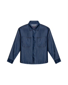 Womens Shirt Oversize Long Sleeve Lyocell Dark Wash Fluid Drape Hidden Placket - Blue 63_411H700_AZU184028_3