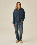 Womens Shirt Oversize Long Sleeve Lyocell Dark Wash Fluid Drape Hidden Placket - Blue 63_411H700_AZU184028_4