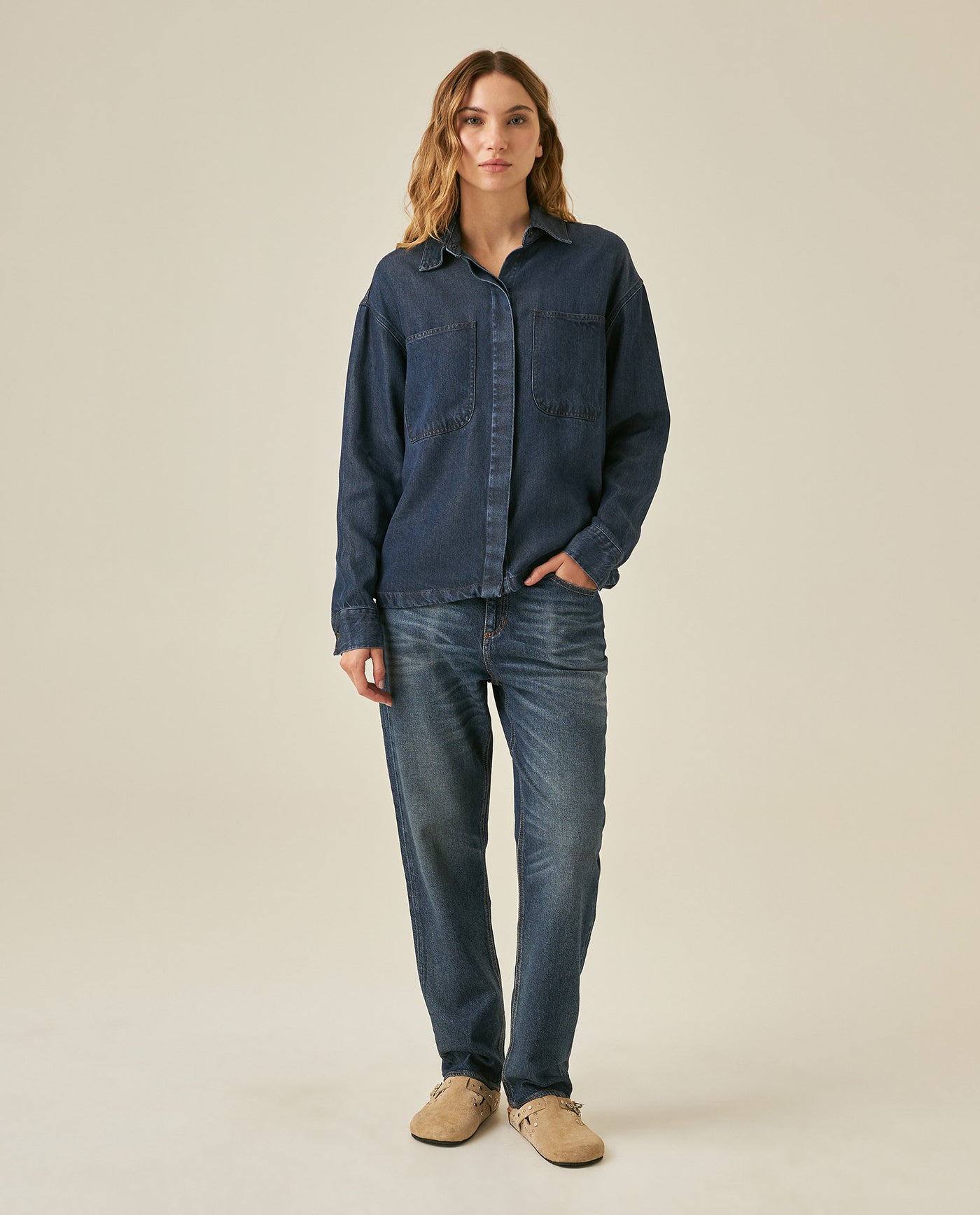 Womens Shirt Oversize Long Sleeve Lyocell Dark Wash Fluid Drape Hidden Placket - Blue 63_411H700_AZU184028_4