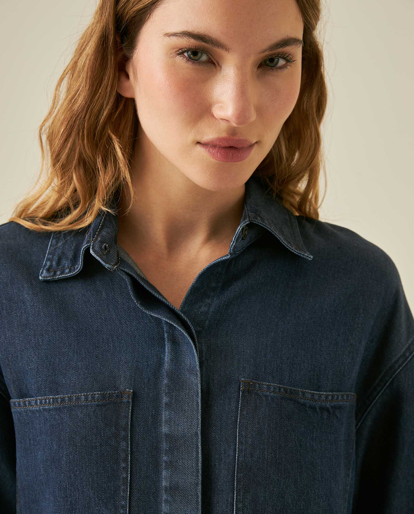 Womens Shirt Oversize Long Sleeve Lyocell Dark Wash Fluid Drape Hidden Placket - Blue 63_411H700_AZU184028_5