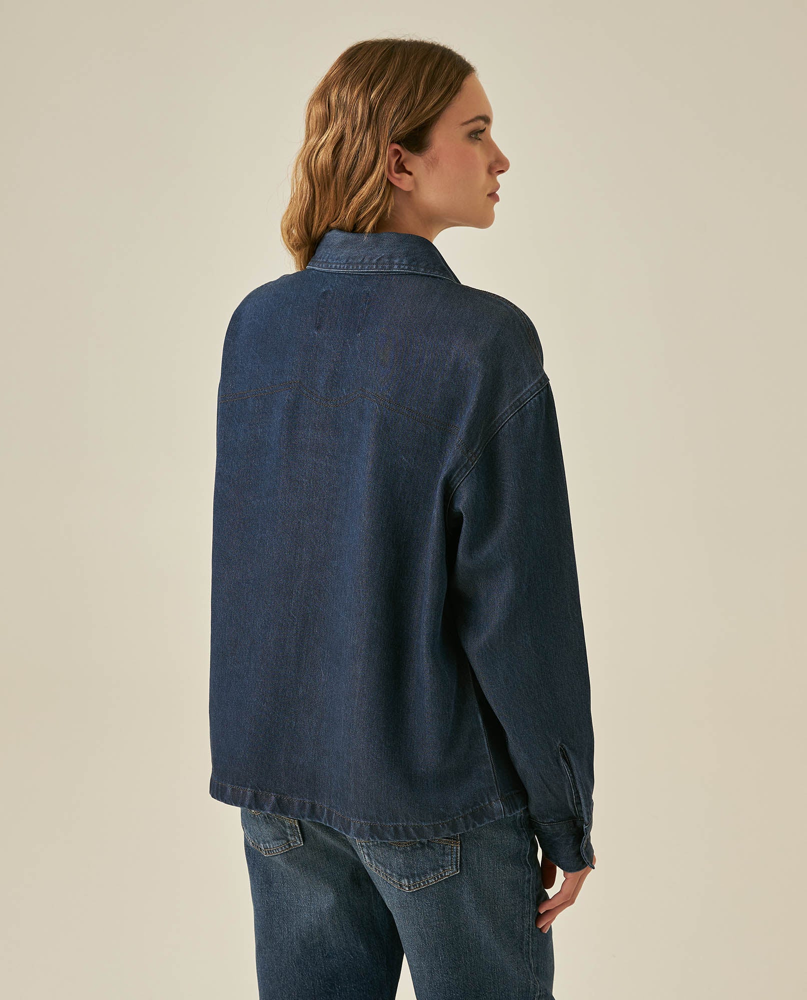 Womens Shirt Oversize Long Sleeve Lyocell Dark Wash Fluid Drape Hidden Placket - Blue 63_411H700_AZU184028_6
