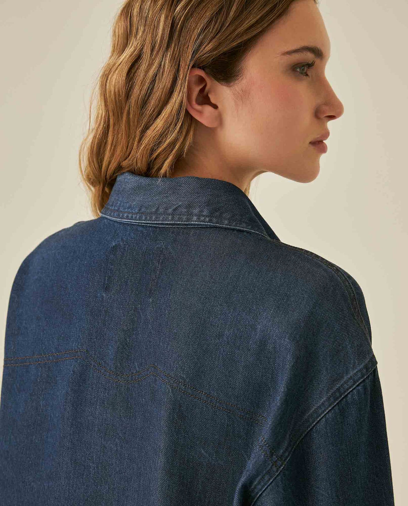 Womens Shirt Oversize Long Sleeve Lyocell Dark Wash Fluid Drape Hidden Placket - Blue 63_411H700_AZU184028_7